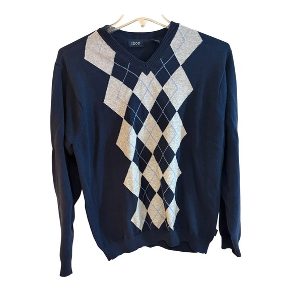Izod Men's Navy and Gray Argyle V-Neck Sweater - Picture 2 of 5
